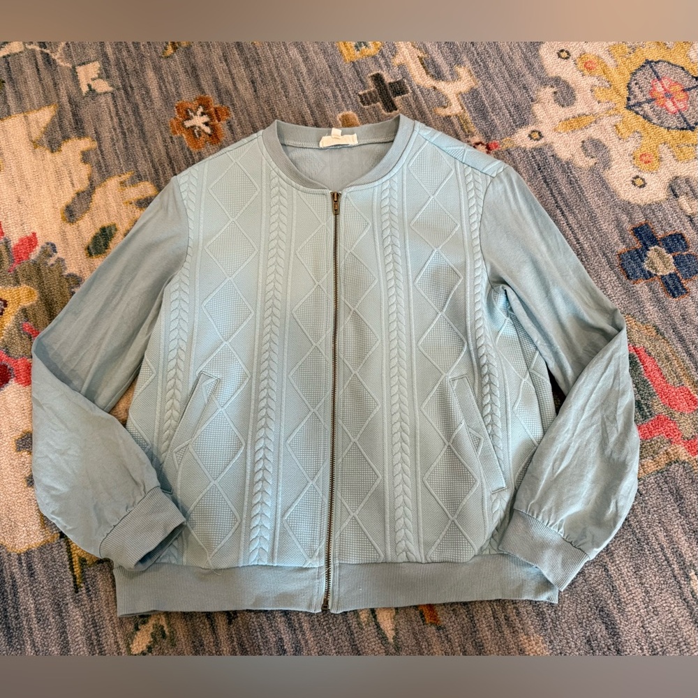 Listicle knitted bomber jacket full-zip front textured cable-knit pattern Medium